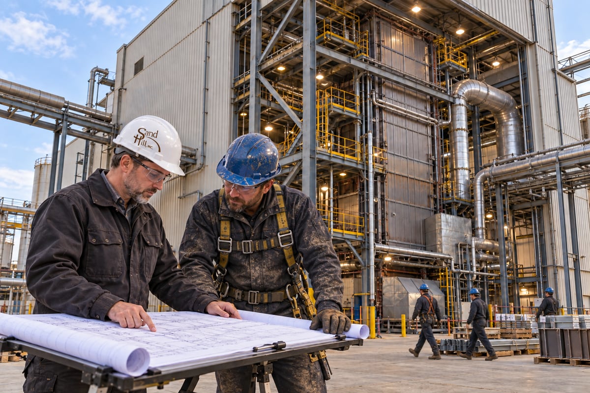 Illustrative Sand Hill planner and a blue-hard-hat boilermaker reviewing drawings beside a multistory boiler installation, with construction workers walking in the background.