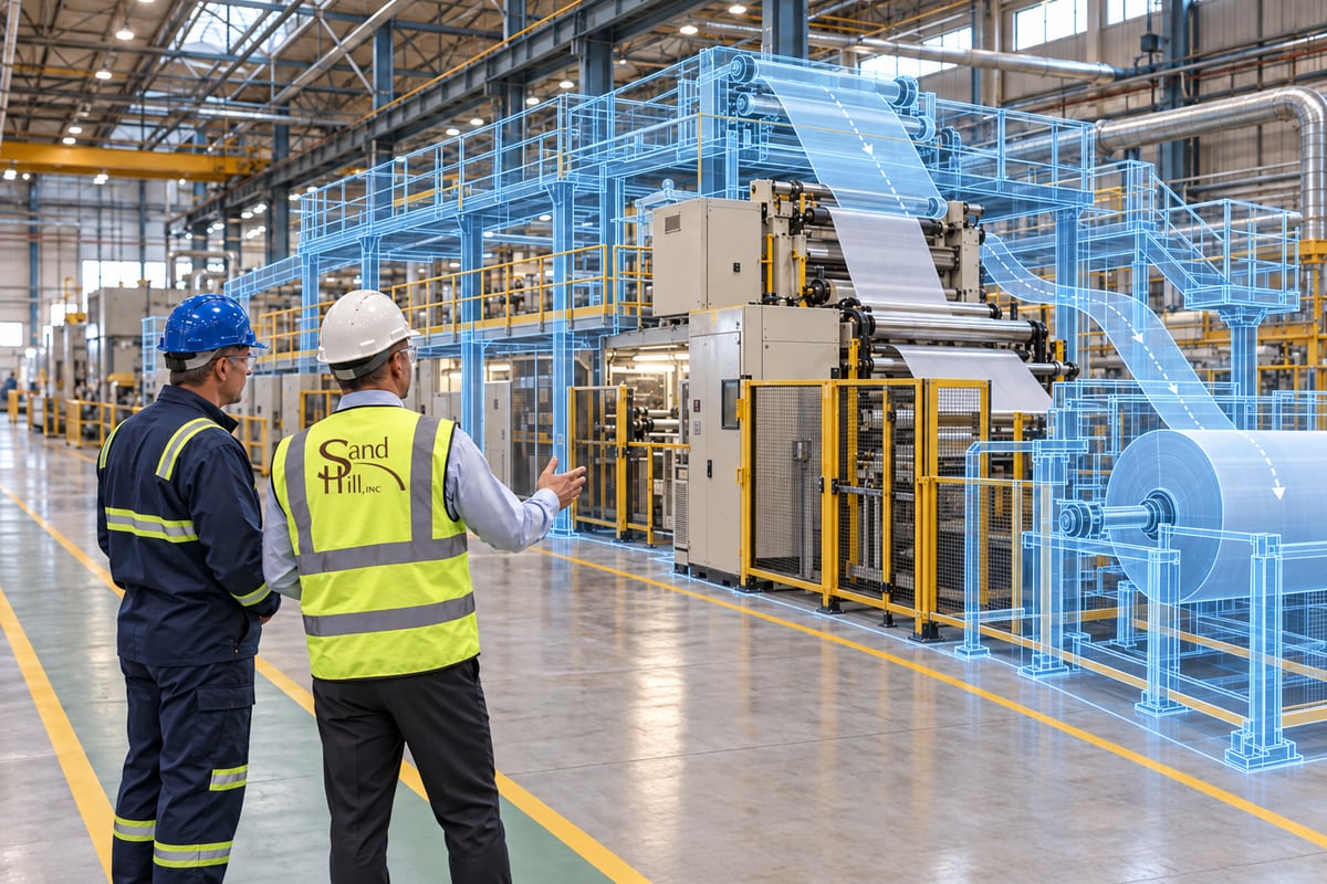 Conceptual illustration of Sand Hill and client personnel viewing existing production equipment with a transparent blueprint overlay of a potential reconfiguration.