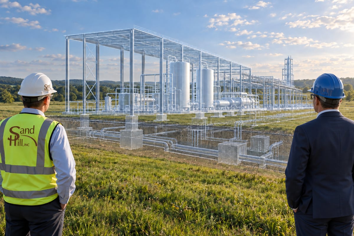 Conceptual illustration of two people envisioning an industrial facility over an undeveloped field, with transparent underground infrastructure, structural steel and major equipment.