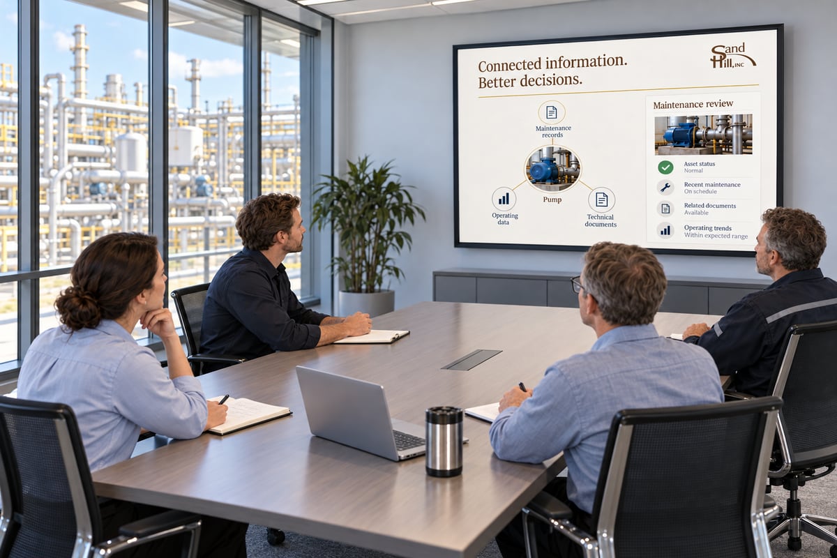 Illustrative Sand Hill and client team reviewing connected asset, maintenance, operating and technical information for an equipment decision.